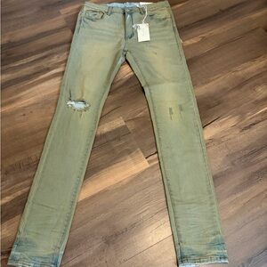 Men's MNML Slim Distressed Jeans Olive Green Size 33 NWT